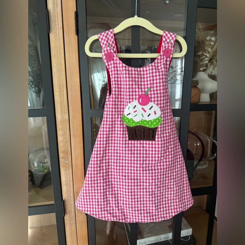 Reversible applique smock dress gingham Christmas cupcake snowman pinafore